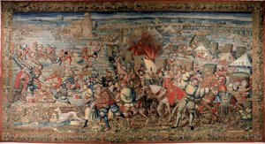 Šestá italská válka (1521-1526): reprezentace bitvy u Pavie (Pavia) dne 24. 2. 1525, která viděla porážku Františka I. proti Karlu V. Gobelínu. Neapol. Museo Nazionale di Capodimonte. od Unknown artist