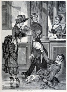 Bruslařská scéna v pivovaru. Chlapec spadne a rozbije talíře, které měl na sobě (1883). od Unknown artist