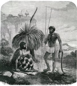Lovci hadů v Austrálii. Rytina 1868 od Unknown artist