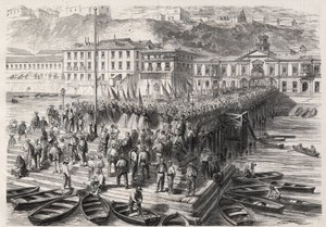 Jihoamerická hispánská válka mezi Chile a Španělskem, září 1865: dámy z Valparaisa v přítomnosti španělské eskadry blokující přístav zpívají vlastenecké hymny – Engraving In „“The Illustrous World““ od Unknown artist