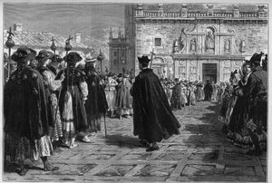 Španělsko 1880: svátky Santiaga de Compostela (Santiago de Compostela), průvod pelerinů u vchodu do baziliky. od Unknown artist