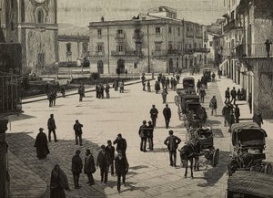 Náměstí a radnice v Monreale, povstání Fasci Siciliani, Itálie, rytina z fotografie E. Interguglielmiho z L
