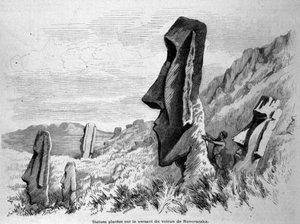 Sochy umístěné na svahu sopky Ronoraraka na Velikonočním ostrově (Rapa Nui). Rytina 1871. od Unknown artist