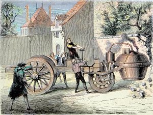 Parní auto vynalezené Nicolasem Josephem Cugnotem (1725-1804), které se v roce 1770 vymklo kontrole a srazilo část zdi (první hlášená „autonehoda“) – v „Album de la Science; proslulí vědci; Velké objevy““ 1896 od Unknown artist