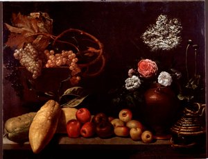 Zátiší s růžemi, keřovými květinami, citrony a hrozny (malba od Unknown artist