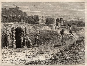 Sulphur – sirný důl v Girgenti na Sicílii – rytina „Les Merveilles de l