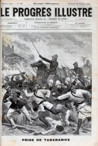 Obsazení Antananariva - Francouzská armáda napadla Antananarivo 1895 - Conquete de Madagaskar. - dobytí Tananarive francouzskými expedičními silami dne 30. září 1895 - rytina „“ Le Progres illustrious““ z roku 1895 od Unknown artist