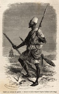 Talibe (mladý student studující Korán) z armády krále Ahmadua (Toucouleur), ve válečném obleku. Rytina pro ilustraci plavby poručíka (námořnictva) M. Mage do západního Súdánu v letech 1863-1866, publikovaná v „Le tour du monde, nouveau journal des voyage od Unknown artist