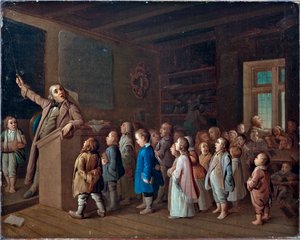 Výuka na venkovské škole, Anonym. Olej na plátně, První polovina 19. století., Státní muzeum náboženské historie, Petrohrad od Unknown artist