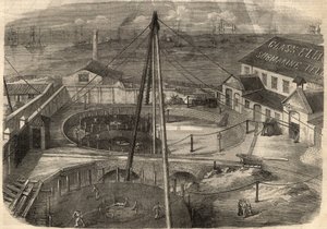 Telegrafie: Transatlantický kabel vyrobený ve sklárně Elliot and Company v East Greenwich (Anglie) je připraven k dodání. Rytina do „“The Illustrated London News““ ze 14. března od Unknown artist
