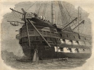 Telegrafie: pohled na záď lodi H.M.S. „Agamemnon““, který položí první transatlantický kabel. Rytina do „“The Illustrated London News““ z 5. června od Unknown artist