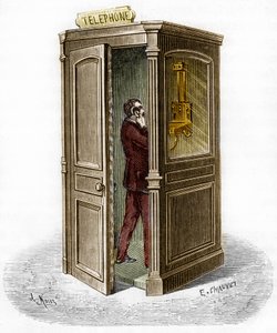 Telefonní budka v roce 1888. Rytina v „The Journal of Youth“ od Unknown artist