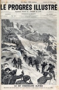 30. alpští lovci provádějící nucený pochod na hoře Pelvoux ve výšce 3400 metrů 21. až 24. června 1895 – rytina „Le Progres illustrious““ z roku 1895 od Unknown artist