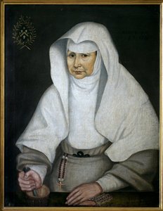 Sestra lékárnice Pierrette Monnet (1557-1628), z hotelu Dieu de Beaune. Zastoupen s hmoždířem a jeho paličkou má jeho ruku. Anonymní obraz, olej na plátně od Unknown artist