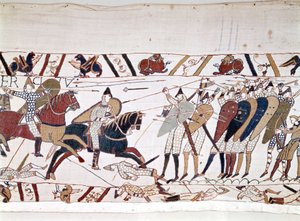 Bitva u Hastings, kterou vyhrál Vilém I. Dobyvatel (1027 - 1087) 14. 10. 1066 a během níž zemřel anglický král Harold II. (1022 - 1066). Tapisérie z Bayeux, známá jako Výšivka královny Mathildy od Unknown artist