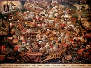 Bitva u Lepante u řeckého pobřeží se v roce 1571 postavila proti španělským, benátským a papežským silám Osmanům. Anonymní obraz. 16. století. Benátské Museo Correr od Unknown artist