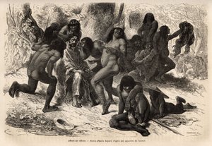 Indiáni Chunchos napadli tým Marcoye v údolí Caravaya (Andes cordilliere), ale ten neměl co létat, Indiáni se bavili svlékáním průzkumníků a líčením semeny rockoo. Engravure pour illustrrer le voyage dans le od Unknown artist