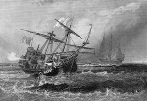Corbin prohrál na útesu na Maledivách 1. července 1602. V „Obecné historii námořnictva“ od Van Tenaca od Unknown artist