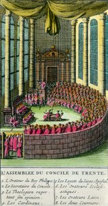 Tridentský koncil. Ilustrace s popisem členů přítomných na shromáždění. Tridentský koncil svolal papež Pavel III. (zástupce římskokatolické církve) v roce 1545 v reakci na žádost Martina Luthera v roce 1545. od Unknown artist