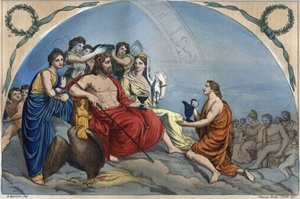 Rada bohů (neboli shromáždění bohů): Zeus na Olympu obklopuje božstva - Olympus rytina z „“ zvyků všech národů vesmíru. To jsou dějiny vlády, zákonů, milicí, náboženství všech národů d od Unknown artist