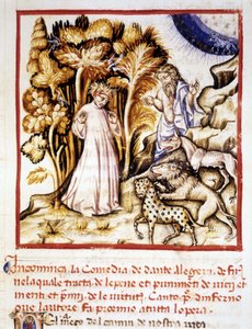 Božská komedie Dante Alighieri. Miniatura zobrazující Danteho, Vergilia a tři zvířata. Rukopis 14. století. Městská bibli. z Rimini. od Unknown artist