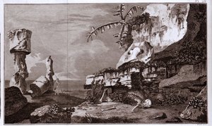 Velikonoční ostrov (Rapa Nui) v Polynésii podle „Viaggi del Capitano Cook“, rytina z 19. století. od Unknown artist