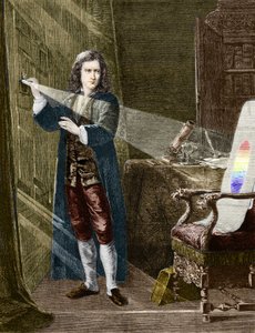 Anglický fyzik Isaac Newton (1642-1727) rozkládající světlo pomocí skleněného hranolu. Rytina z roku 1880. od Unknown artist