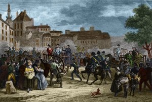 Čtyři seržanti přivedli na popravu: čtyři seržanti (Bories, Pomier, Raoulx a Goudin) z La Rochelle obvinění v rámci restaurování z toho, že chtěli svrhnout monarchii a gilotiny v roce 1822. Jejich zločinem je patřit k Charbonnerie (Carboner od Unknown artist