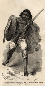 Hra, neboli statečný má tři vlasy, habešský voják. Rytina pro ilustraci cesty do Habeše, v roce 1862 od Guillauma Lejeana, v „Le tour du monde, nouveau journal des voyages““ vydaném pod vedením Edouarda Chartona od Unknown artist