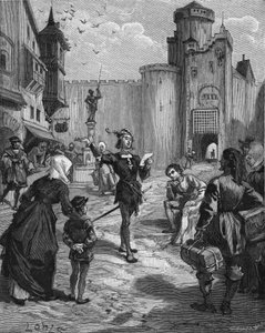 Německý rytíř, básník a humanista Ulrich von Hutten (1488-1523) prohlašuje na ulici jednu ze svých básní. Rytina 19. století. V „Histoire de France“ od Julese Micheleta od Unknown artist