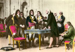 Italský fyzik Alessandro (Alexandre) Volta (1745-1827) předkládá svou hromadu Napoleonu Bonapartovi. 1801 Soukromá sbírka od Unknown artist