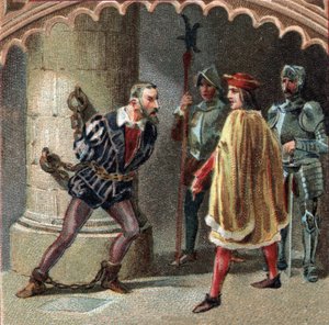 Francouzský král Ludvík XII. nechal Ludovica Marie Sforzu, známou jako More (Ludovico Maria Sforza detto il Moro) (1452-1508), zamknout na hradě Loches v Touraine. Chromolitografie konce 19. století od Unknown artist