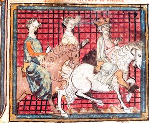 Král franků Chilperic I (543-597) a Fredegonde miniatura koně z „“Grandes Chronicles de France”” 1375-1379 Městská knihovna, Castres od Unknown artist