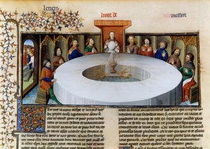 Rytíři kulatého stolu z „Příběhu Lancelota“. Vystoupení svatého grálu před rytíři kulatého stolu, miniatura převzatá z „Historie Lancelot“, velin od Unknown artist