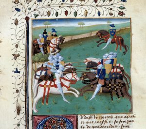 Rytíři kulatého stolu se účastní rytířského turnaje. Miniatura z rukopisu „Tristanův román“ od mistra Charlese z Maine od Unknown artist