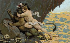 Herkulovy práce: (chromo) Herkules a Lev z Nemee, začátek 20. století od Unknown Artist