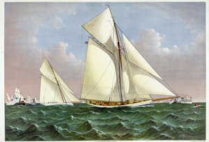 Loď Mayflower, plachetnice, která vyhrála regate Amerického poháru, je uvítána flotilou v New York Bay. 7.9.1886 litografie 19. století od Unknown artist