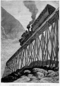 The Pacific Railway on the Dale Creek Wood Bridge - rytina, konec 19. století od Unknown artist