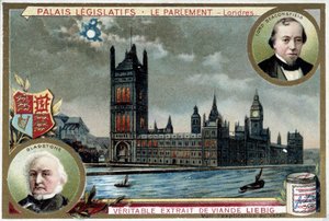 Westminsterský palác neboli parlament Londýna (Anglie) s portréty Williama Ewarta Gladstonea (1809-1898) a Benjamina Disraeliho, Lord Beaconsfield (1804-1881) - Liebigova chromolitografie od Unknown artist