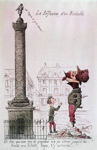 The Reflection of A Miserable - A říct, že můj sen o velikosti k němu nemohl stoupat..., Vezmi si žebřík, tati, dostaneš se tam...!. Kreslený film o Napoleonovi III. (1808 - 1873) při pohledu na sloup Vendôme se svým synem. Dobová rytina. od Unknown artist