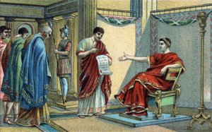Římský císař Konstantin (272-337) zavedl první náboženské zákony týkající se rovnosti víry. Chromolitografie konce 19. století. od Unknown artist