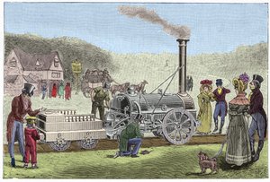 Stephensonova lokomotiva "The Rocket"" (1830) od Unknown artist