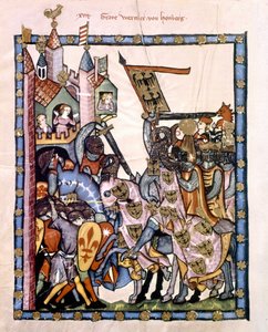 Švýcarský básník a rytíř Graf Werner von Homberg (1284-1320) ve službách císaře Jindřicha VII. obléhal pevnost bráněnou sicilskými vojsky Angevine. Miniatura kodexu „Manesse“ nebo „Manessesche Liederhandschrift“, kterým je rukopis od Unknown artist