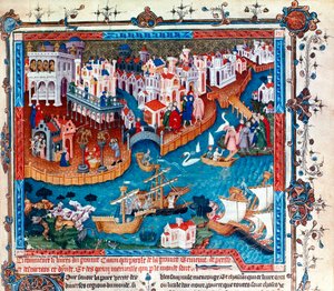 Benátský cestovatel Marco Polo opustil město Benátky se svým otcem a strýcem v roce 1271: zamířil na Dálný východ a vydal se po Hedvábné stezce, miniaturní od Unknown artist