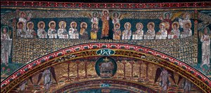 The Vision of Nebeský Jeruzalém: Vyvolené jsou vítány anděly. Dole beránek Boží. Detail. Mozaika kolem roku 830. Triumfální oblouk baziliky Santa Prassede, Řím od Unknown artist
