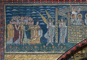The Vision of Nebeský Jeruzalém: Vyvolený pohyb směrem k městu střeženému anděly. Detail. Mozaika kolem roku 830. Triumfální oblouk baziliky Santa Prassede, Řím od Unknown artist