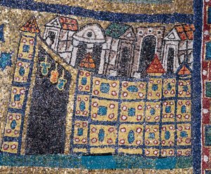 Vize nebeského Jeruzaléma: detail Jeruzaléma znázorněný v opevněné citaci. Mozaika kolem roku 830. Triumfální oblouk baziliky Santa Prassede, Řím od Unknown artist