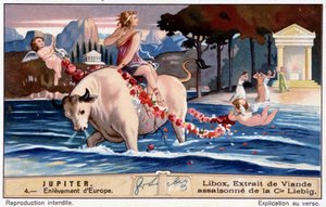 Únos Evropy Jupiterem vypadá jako bílý býk - Liboxova chromolitografie, produkoval Liebig od Unknown artist