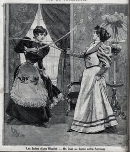 Následky rivality: souboj s mečem mezi ženami. Gravírování v „“Le Parisien““ od Unknown artist