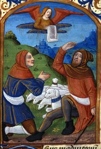 Anděl zvěstuje pastýřům narození Ježíše. Rukopis 15. století. Biblioteca Nazionale Braidense, Milán od Unknown artist